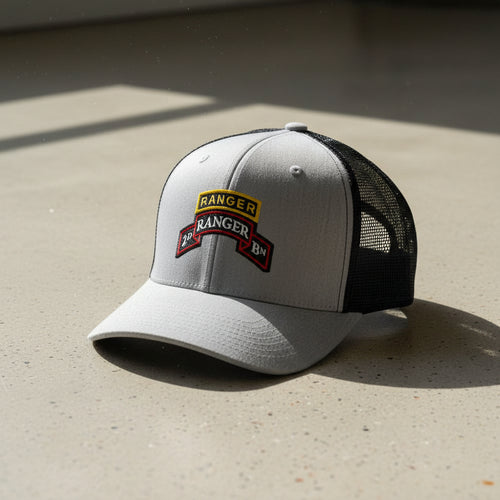 2nd ranger battalion scroll and ranger tab on a snapback trucker hat