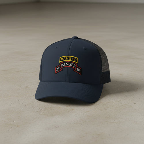2nd ranger battalion scroll and ranger tab snapback trucker hat