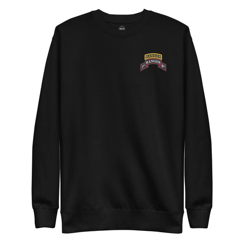black sweatshirt with 2nd ranger battalion scroll and ranger school tab on the left chest