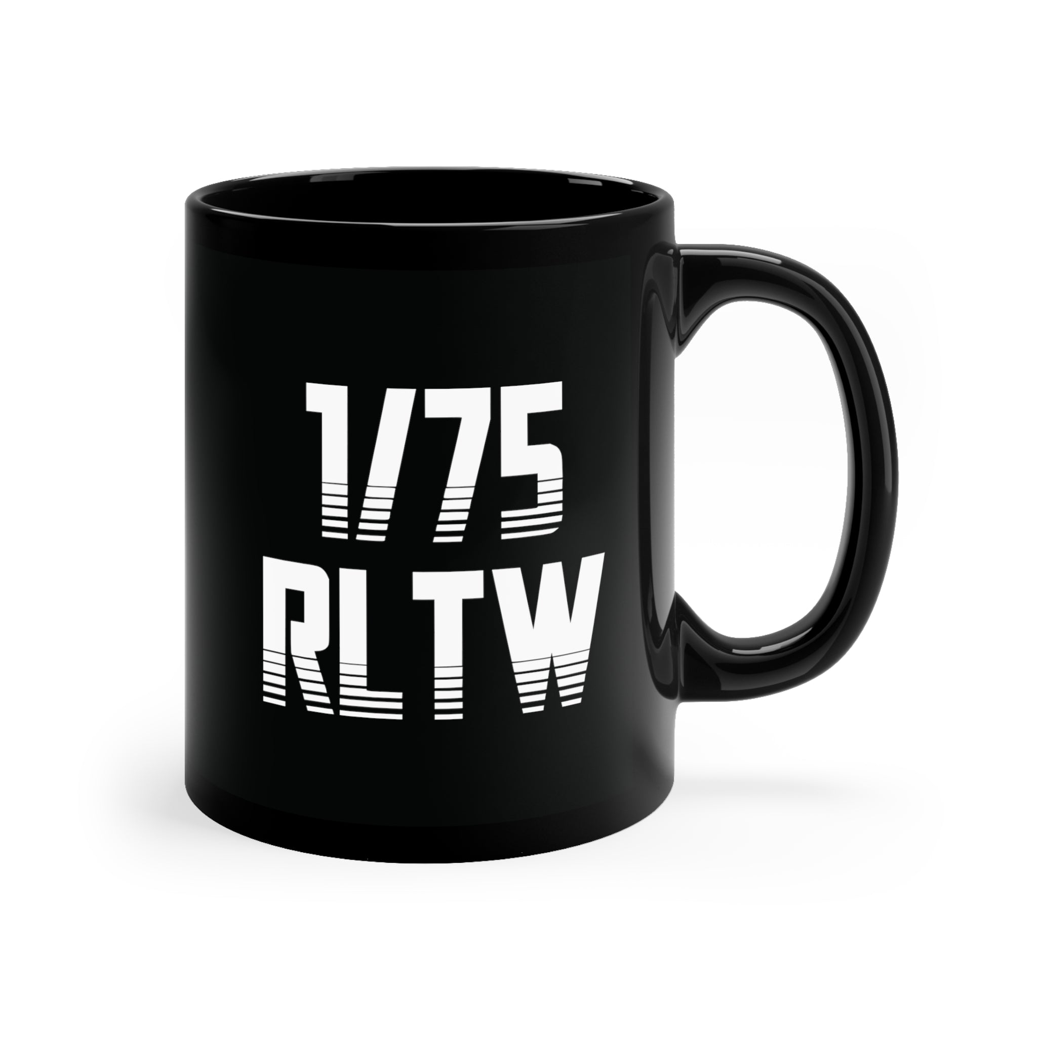 1/75 RLTW written on a black 11oz coffee mug. Represents 1st ranger battalion and rangers lead the way.
