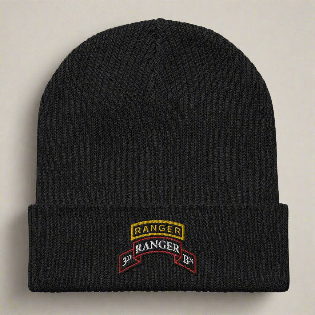 3rd ranger battalion scroll and ranger tab embroidered on our ribbed beanie.