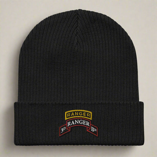 3rd ranger battalion scroll and ranger tab embroidered on our ribbed beanie.