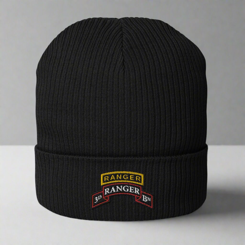 3rd ranger battalion scroll and ranger tab embroidered on our ribbed beanie.