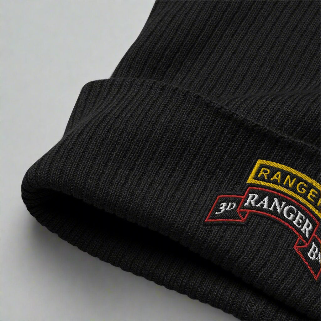 3rd ranger battalion scroll and ranger tab embroidered on our ribbed beanie.