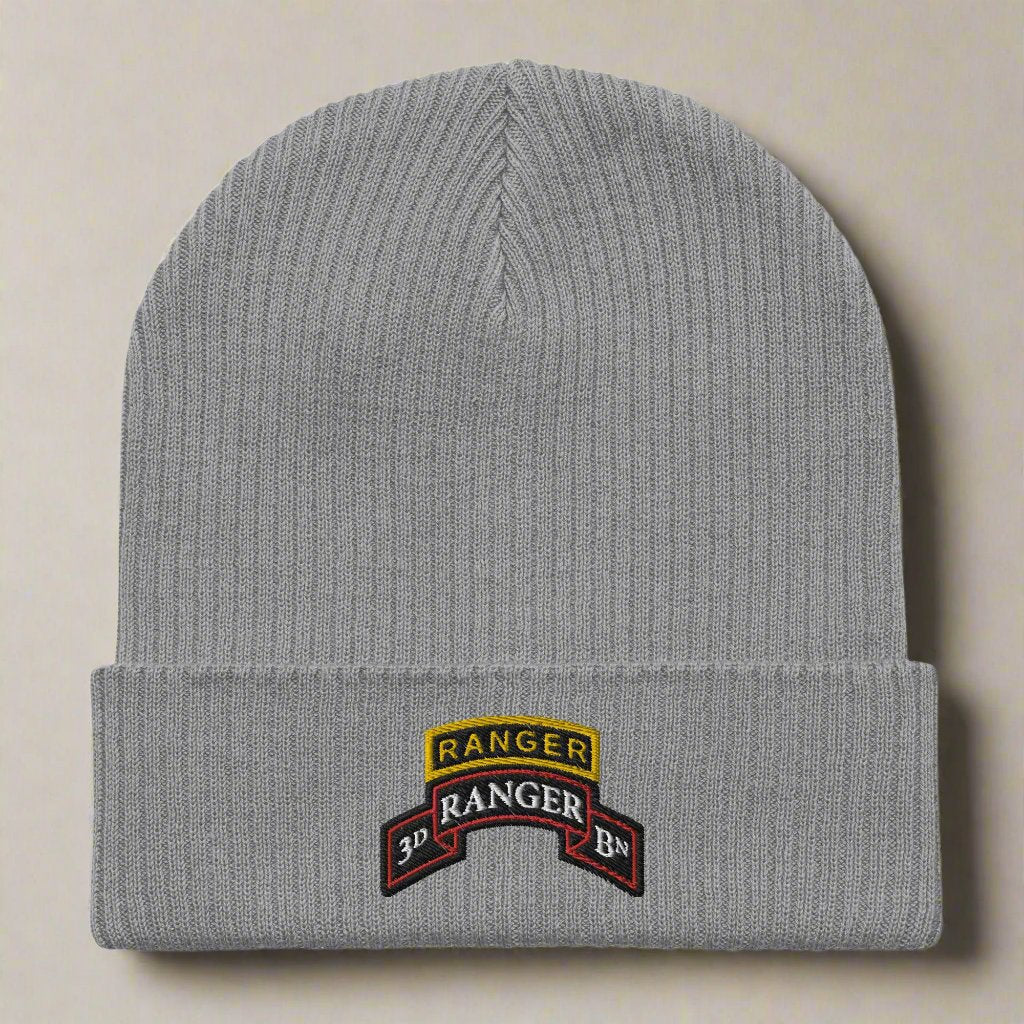 3rd ranger battalion scroll and ranger tab embroidered on our ribbed beanie.