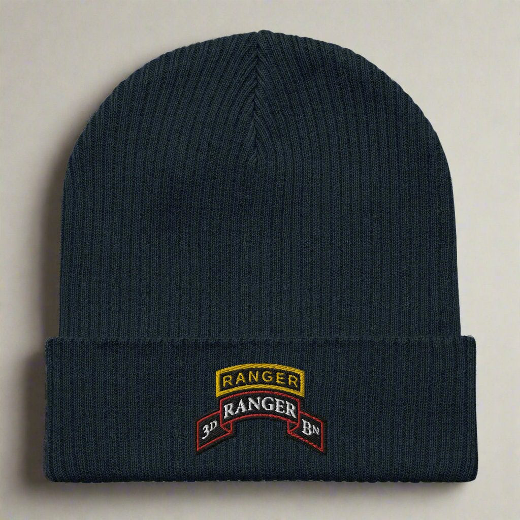 3rd ranger battalion scroll and ranger tab embroidered on our ribbed beanie.