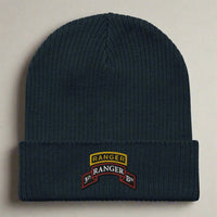 3rd ranger battalion scroll and ranger tab embroidered on our ribbed beanie.