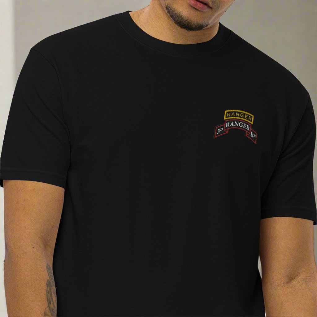 3rd ranger battalion scroll and ranger tab embroidered on a heavy weight men's t-shirt