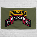 3rd ranger battalion scroll and tab on a black flag.