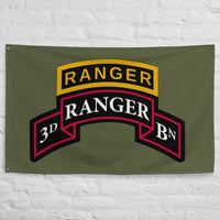 3rd ranger battalion scroll and tab on a black flag.