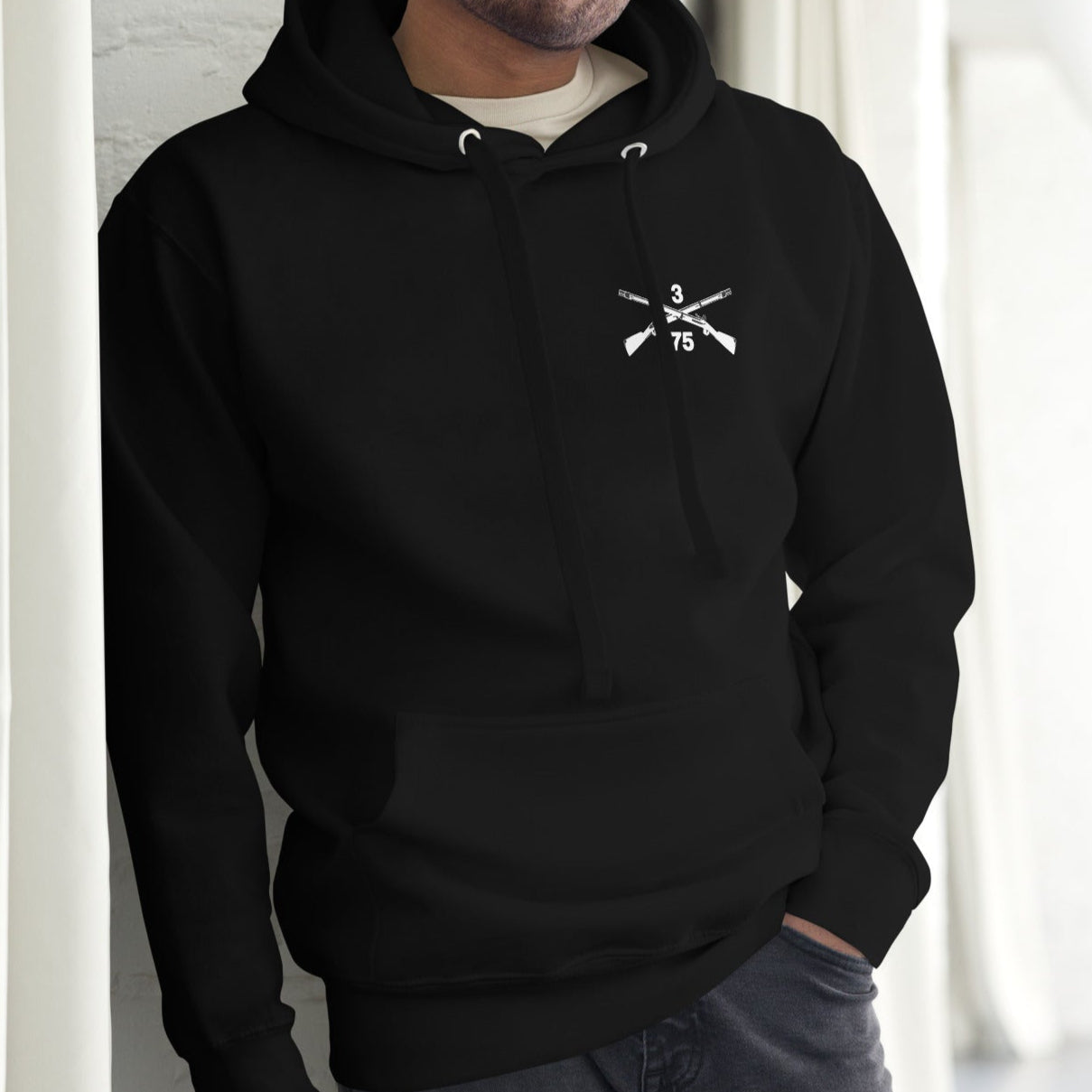 Pullover hoodie with 3rd ranger battalion crossed rifles design on the left chest