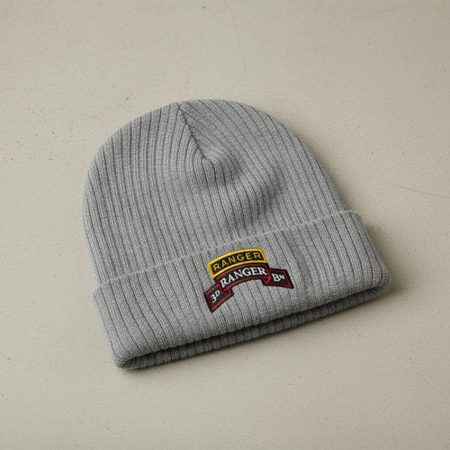 Ribbed knit beanie with 3rd ranger battalion scroll and ranger school tab
