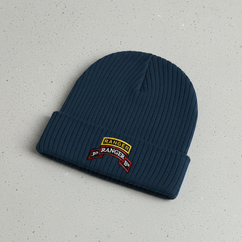 Ribbed knit beanie with 3rd ranger battalion scroll and ranger school tab