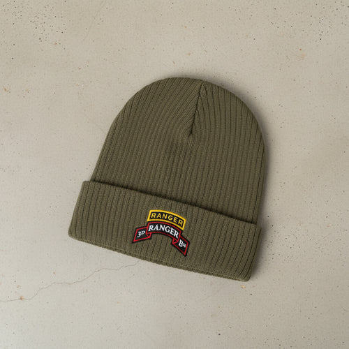 Ribbed knit beanie with 3rd ranger battalion scroll and ranger school tab