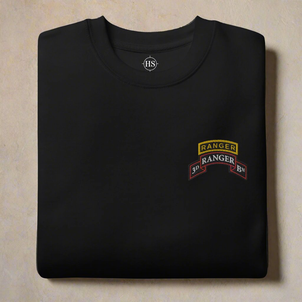 3rd ranger battalion sweatshirt embroidered with scroll and ranger tab.