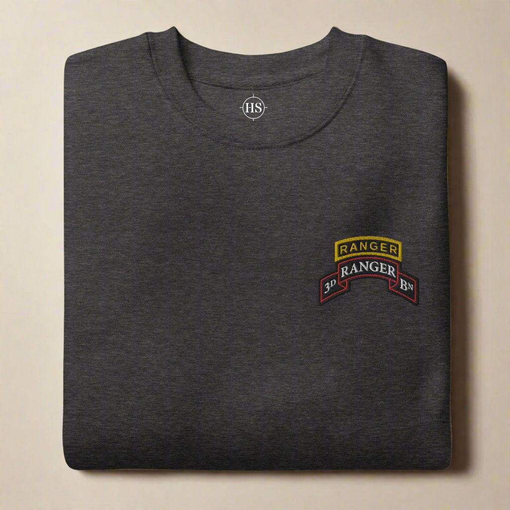 3rd ranger battalion sweatshirt embroidered with scroll and ranger tab.