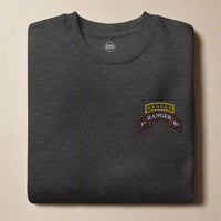 3rd ranger battalion sweatshirt embroidered with scroll and ranger tab.