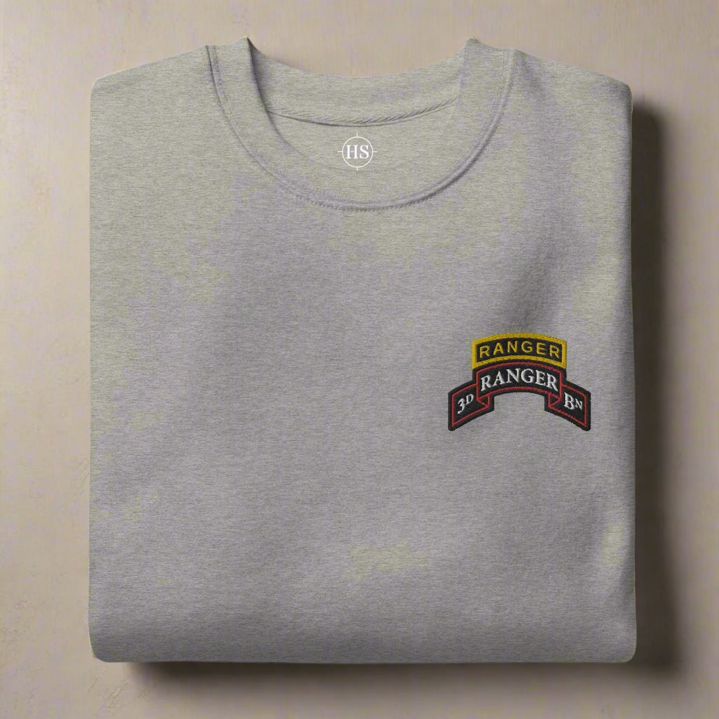 3rd ranger battalion sweatshirt embroidered with scroll and ranger tab.