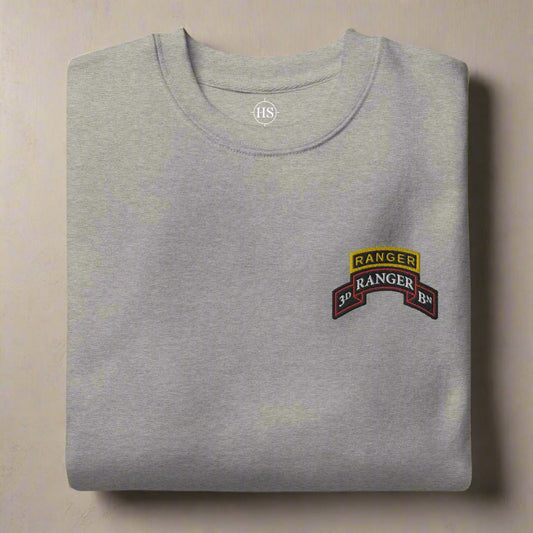 3rd ranger battalion sweatshirt embroidered with scroll and ranger tab.