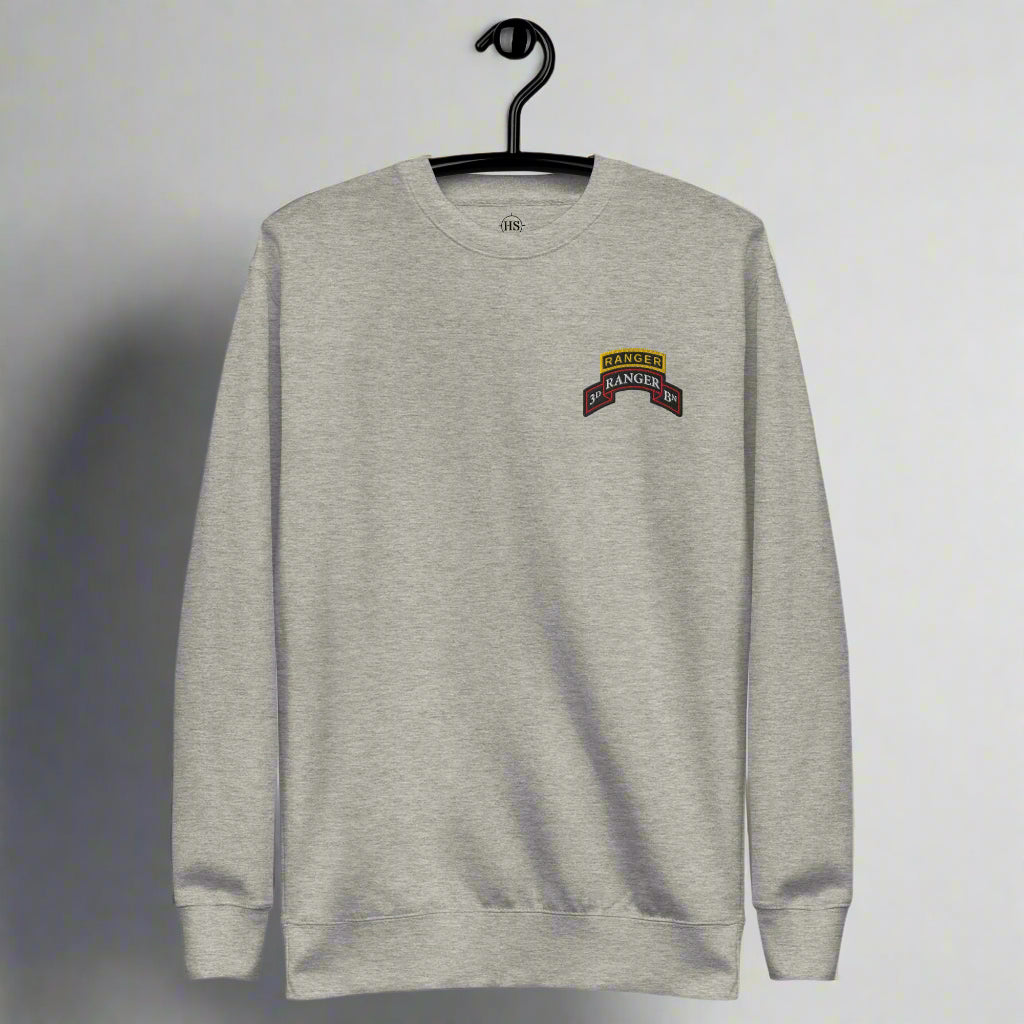 3rd ranger battalion sweatshirt embroidered with scroll and ranger tab.