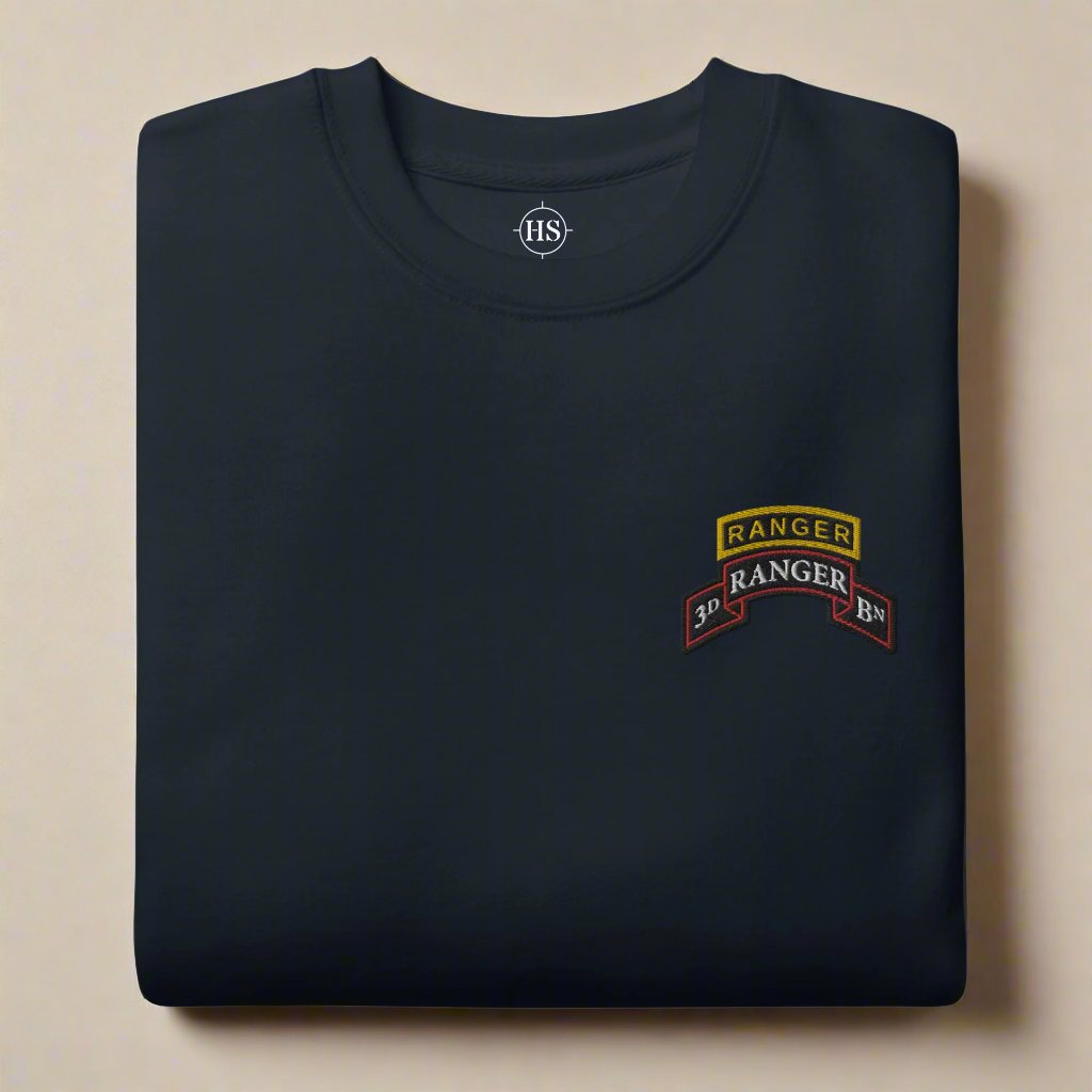 3rd ranger battalion sweatshirt embroidered with scroll and ranger tab.