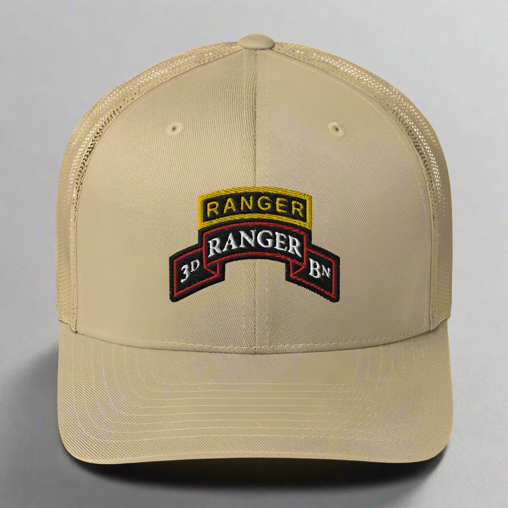 3rd ranger battalion scroll and ranger tab on a snapback trucker hat