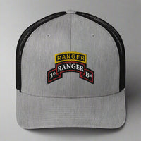 3rd ranger battalion scroll and ranger tab on a snapback trucker hat