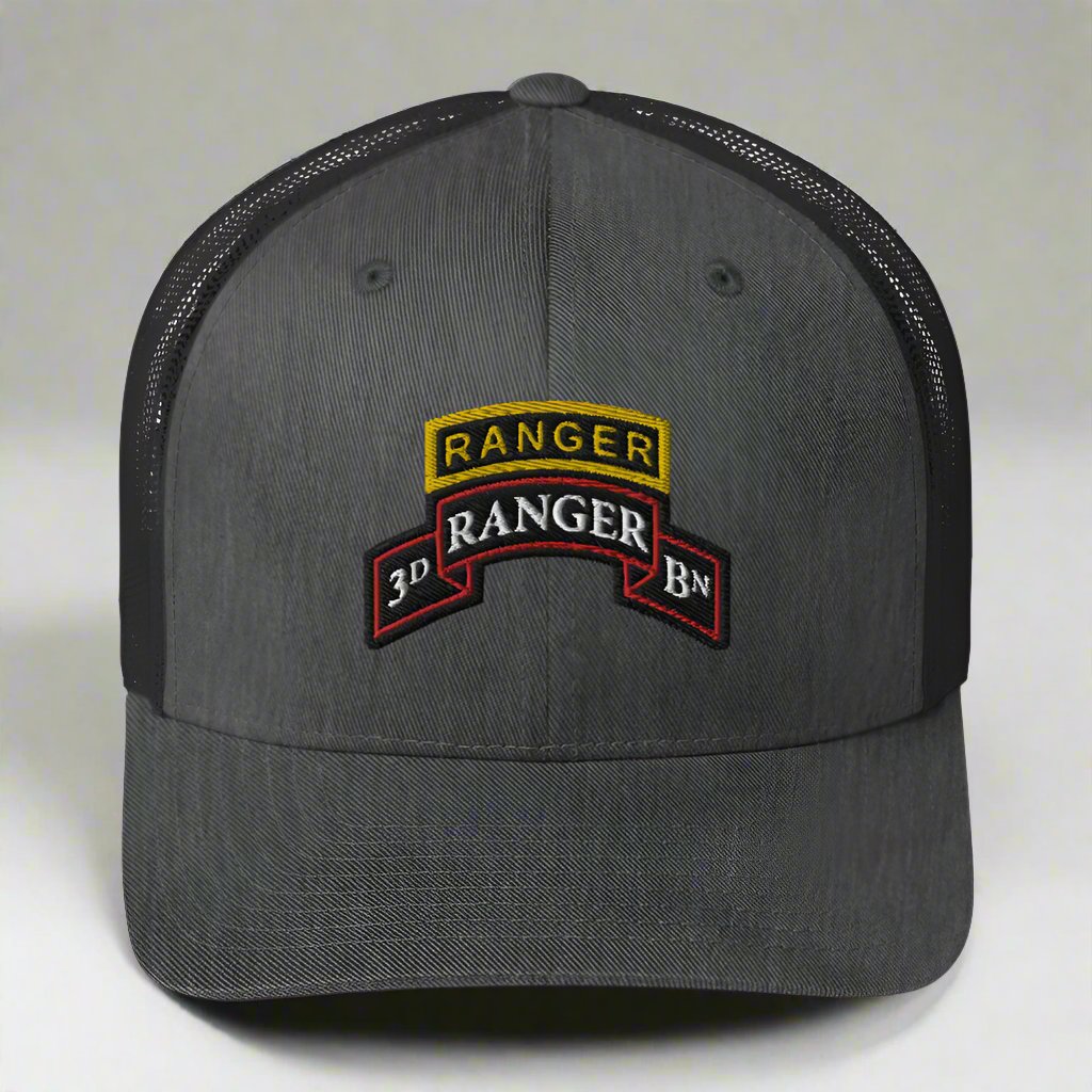 3rd ranger battalion scroll and ranger tab on a snapback trucker hat