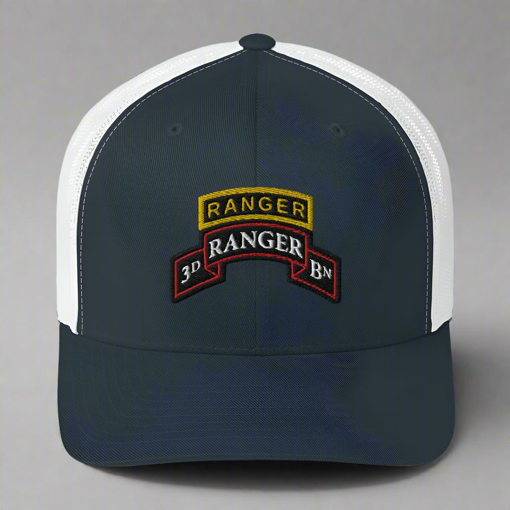 3rd ranger battalion scroll and ranger tab on a snapback trucker hat