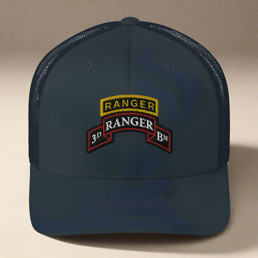 3rd ranger battalion scroll and ranger tab on a snapback trucker hat