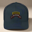 3rd ranger battalion scroll and ranger tab on a snapback trucker hat