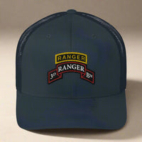 3rd ranger battalion scroll and ranger tab on a snapback trucker hat