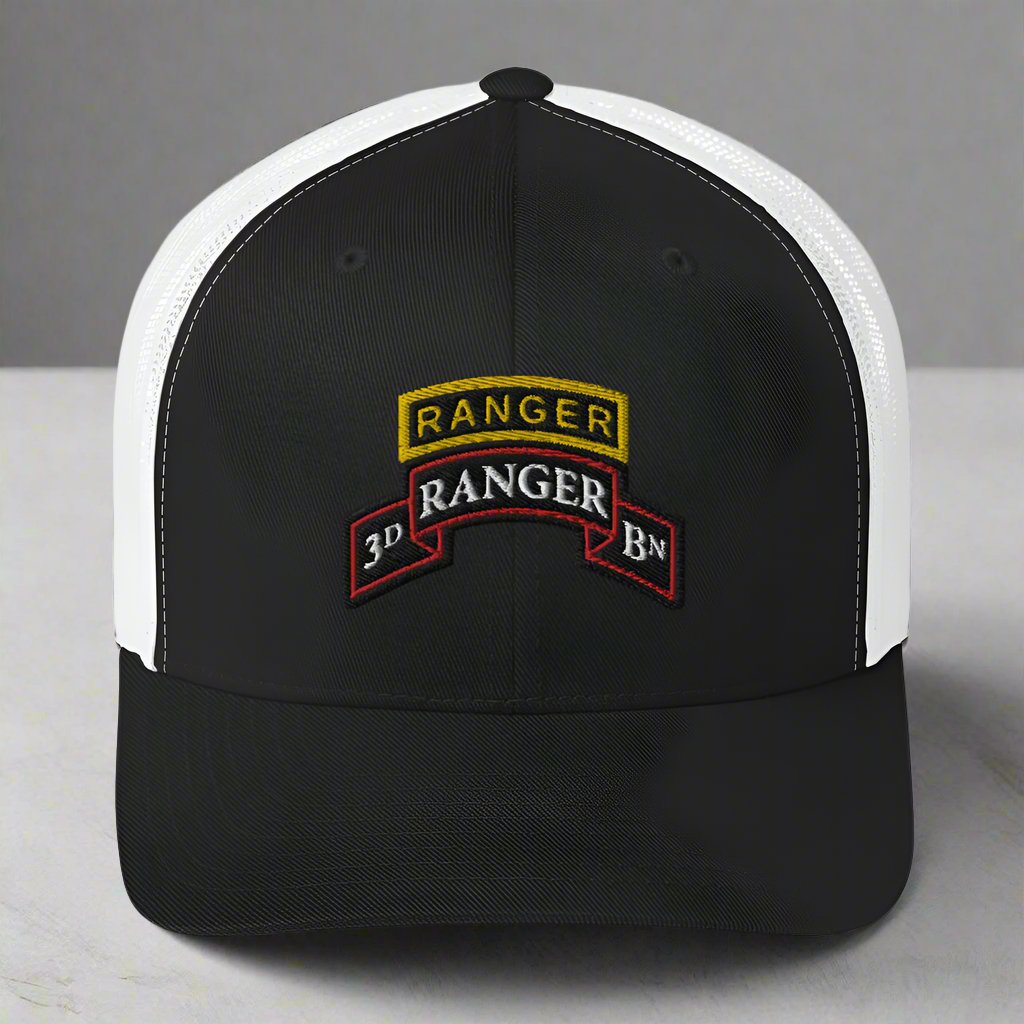 3rd ranger battalion scroll and ranger tab on a snapback trucker hat