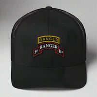 3rd ranger battalion scroll and ranger tab on a snapback trucker hat