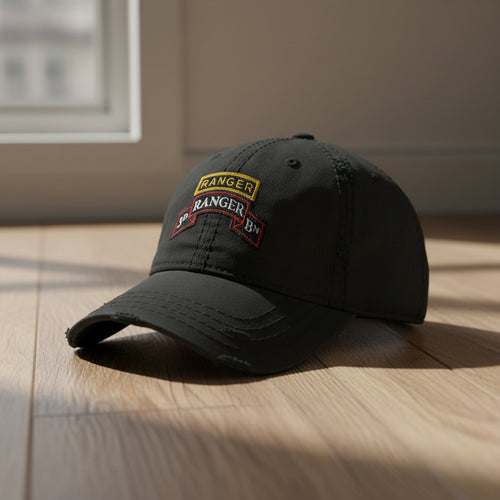 Distressed dad hat with 3rd Ranger battalion scroll and Ranger tab