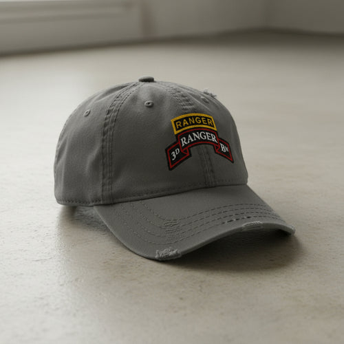 Distressed dad hat with 3rd Ranger battalion scroll and Ranger tab