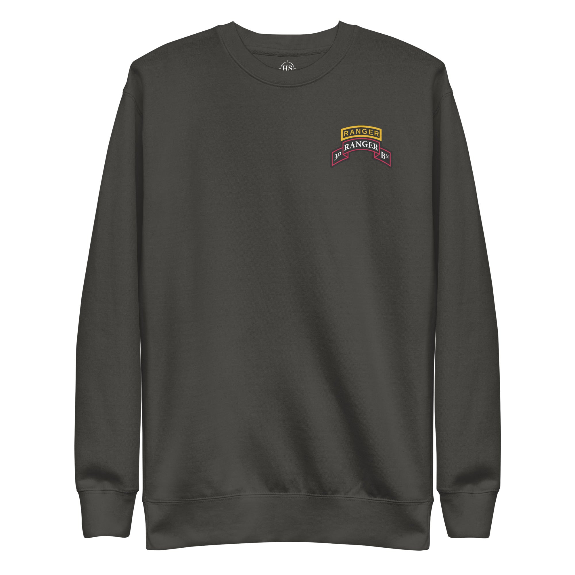 gray sweatshirt with 3rd ranger battalion scroll and ranger tab on the left chest