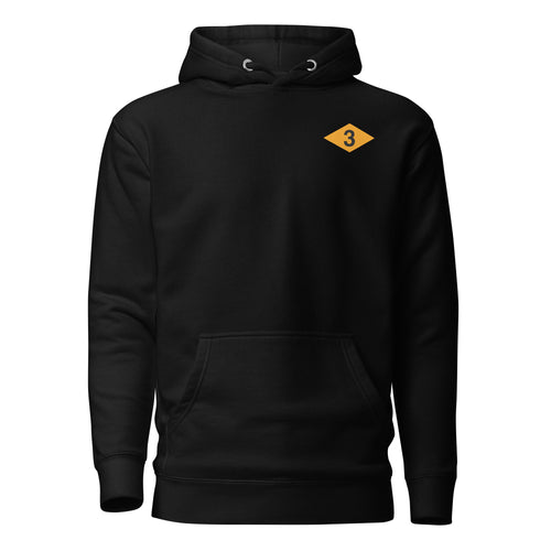 black hoodie with 3rd ranger battalion ranger diamond from world war 2 on the left chest