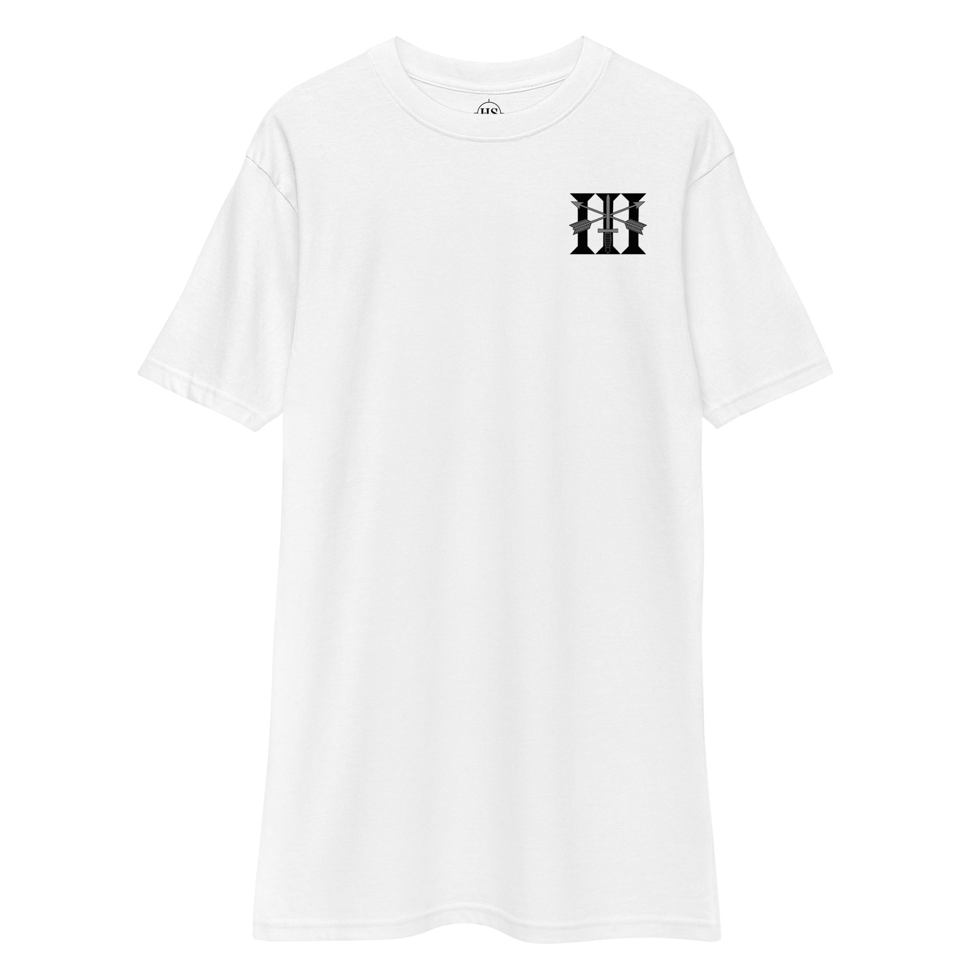white t-shirt with 3rd special forces group insignia design on left chest