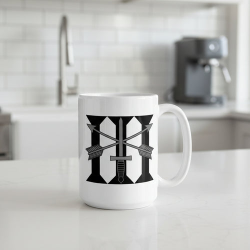 white coffee mug with 3rd special forces group roman numeral design