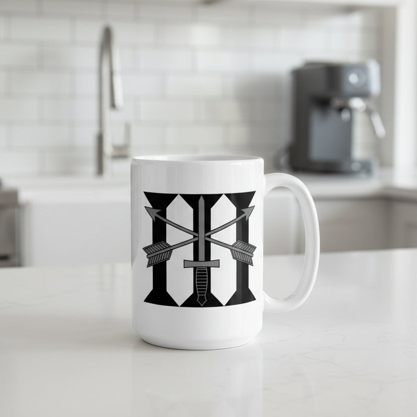 white coffee mug with 3rd special forces group roman numeral design