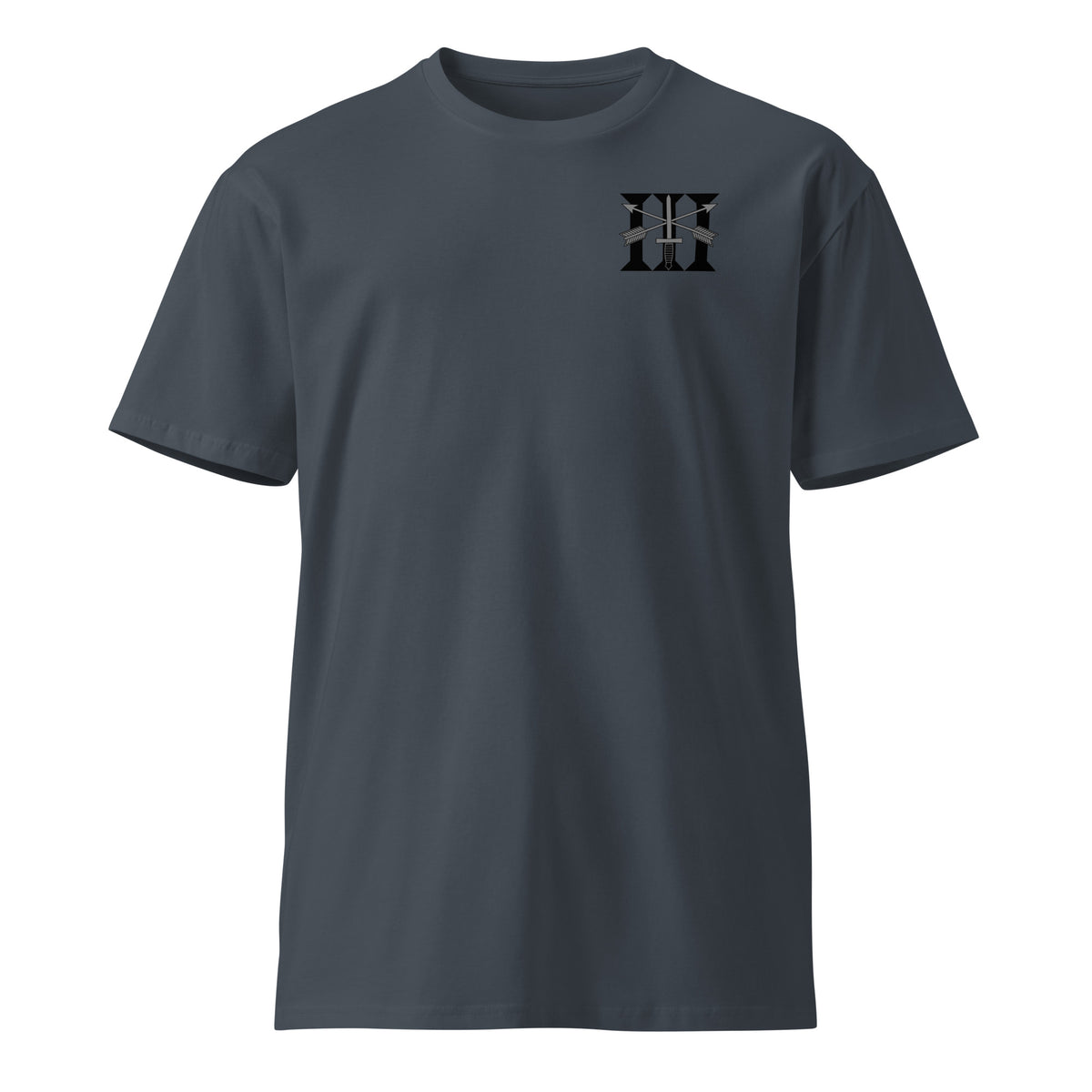 blue t-shirt with 3rd special forces insignia on the left chest