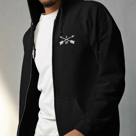 3rd special forces hoodie with an embroidered design on the left chest of the crossed arrows.