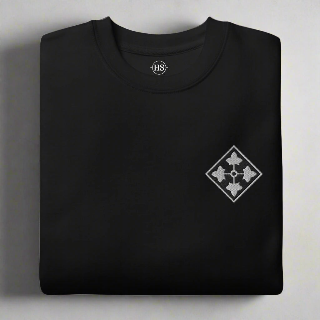 sweatshirt with 4th infantry division insignia embroidered on the left chest.