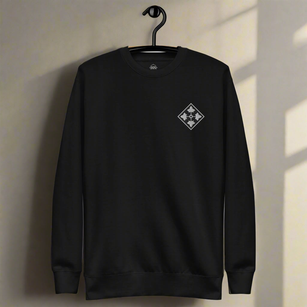sweatshirt with 4th infantry division insignia embroidered on the left chest.