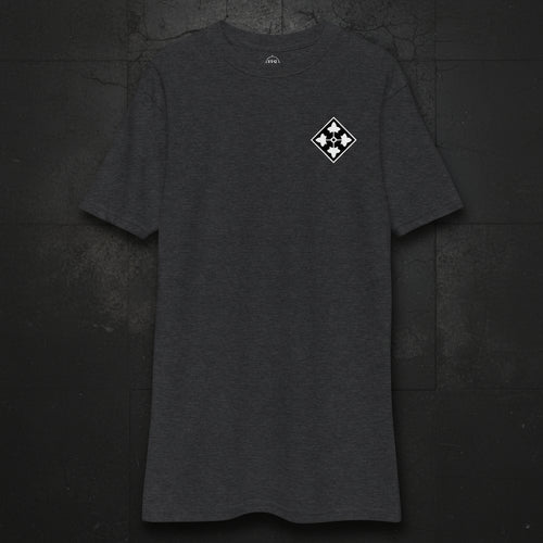 charcoal t-shirt with 4th infantry division insignia on the left chest
