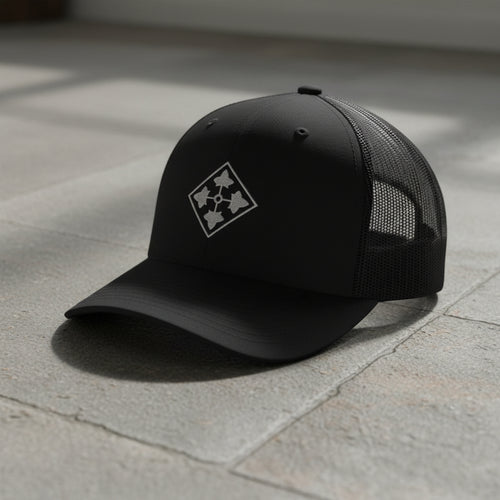 4th infantry division insignia embroidered on a snapback trucker hat