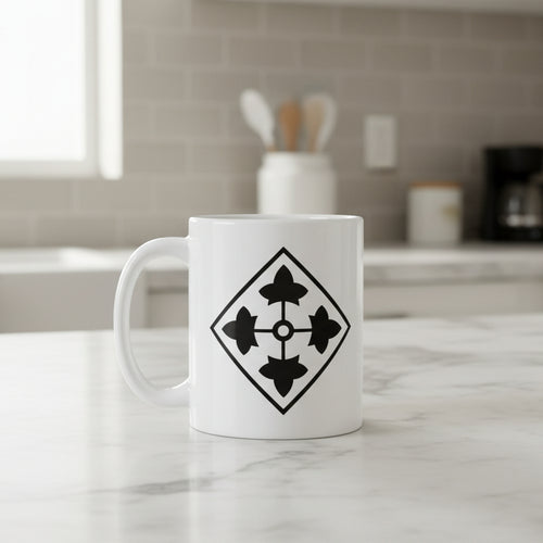 11oz white coffee mug with 4th infantry division insignia