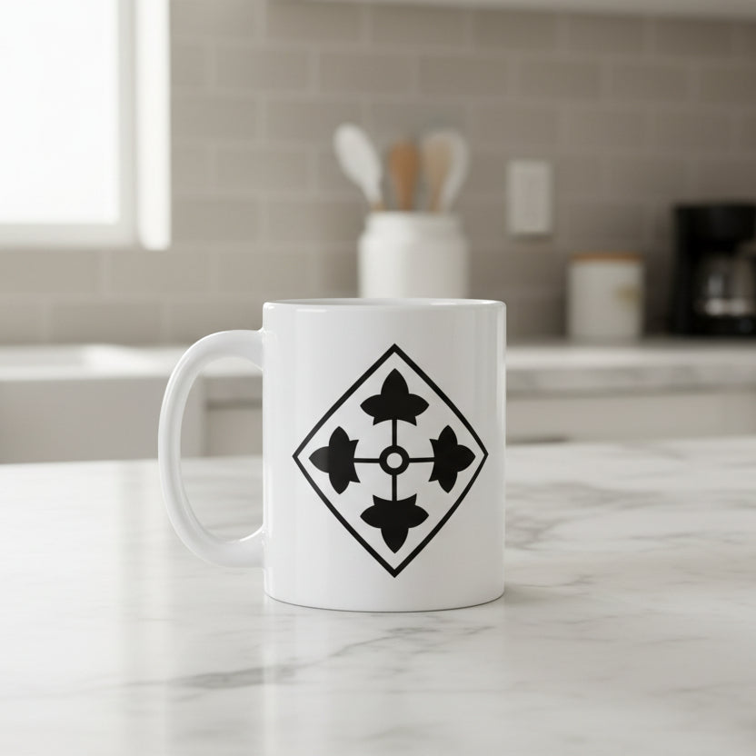 11oz white coffee mug with 4th infantry division insignia