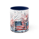 4th of july themed coffee mug with fireworks and the american flag.